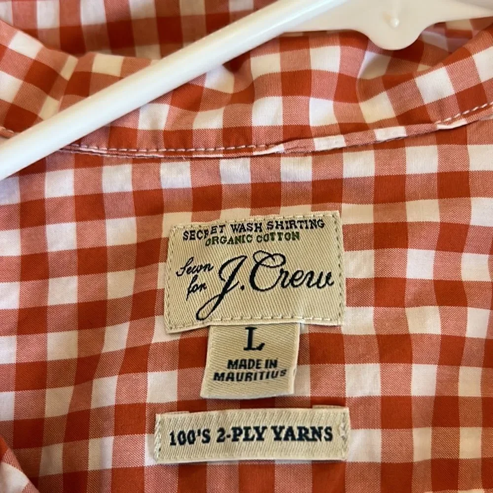 J Crew organic cotton orange white checked  front pocket shirt Size L